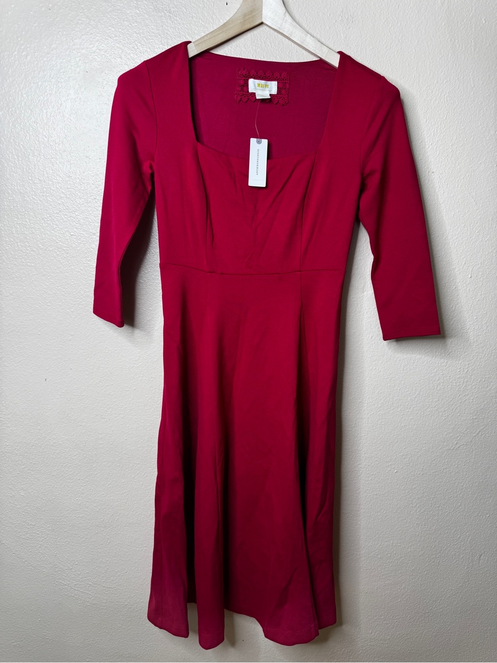 Maeve By Anthropologie Red Midi Dress XS Square Neck 3/4 Sleeve Fit Flare NWT